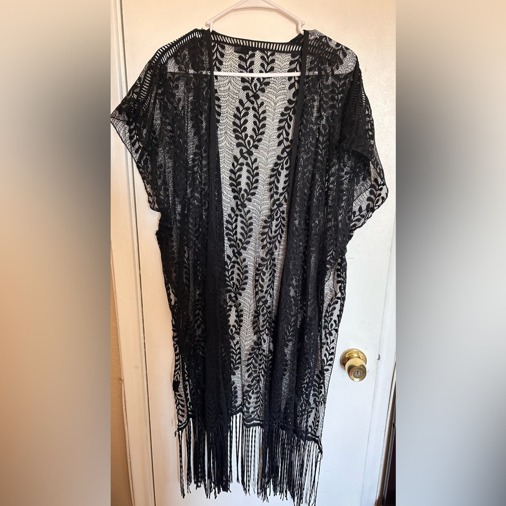 Party to Pool Elegant Black Lace Kimono Top One Size